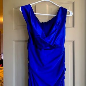 Flattering to a curvy figure and vivid blue color.  Just above floor length.